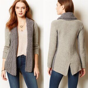 ANTHROPOLOGIE Sleeping on Snow Gray Cable Knit Wool Blend Cardigan with Fur Trim